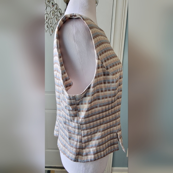90s Vintg Sleeveless Blouse Women's 16 Tan Cream Blue Plaid Button up Back - Picture 4 of 10